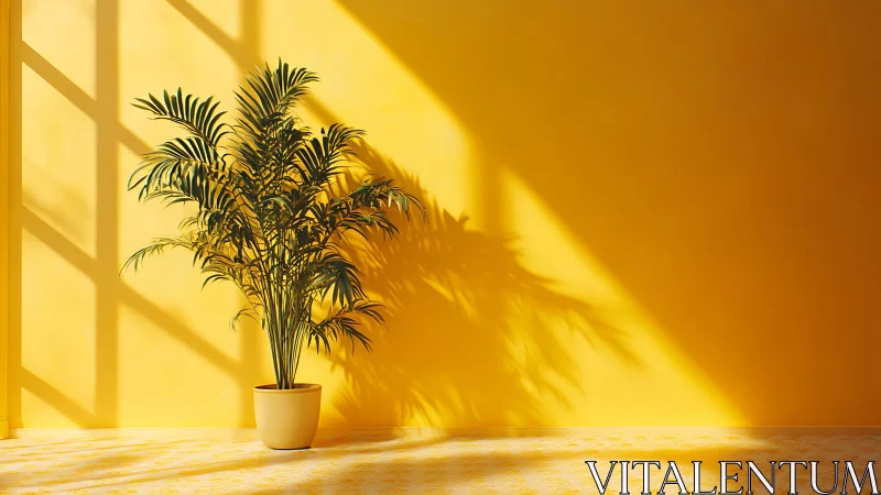 Potted palm casts defined window shadows on yellow wall