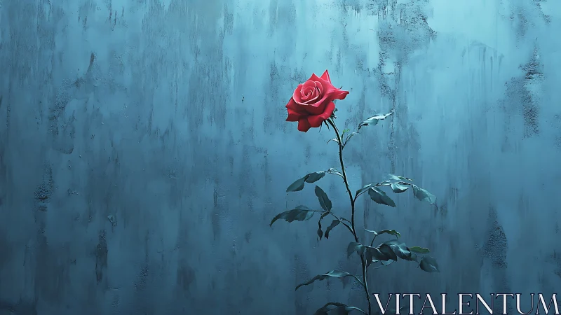 Solitary red rose rendered against textured cyan concrete wall