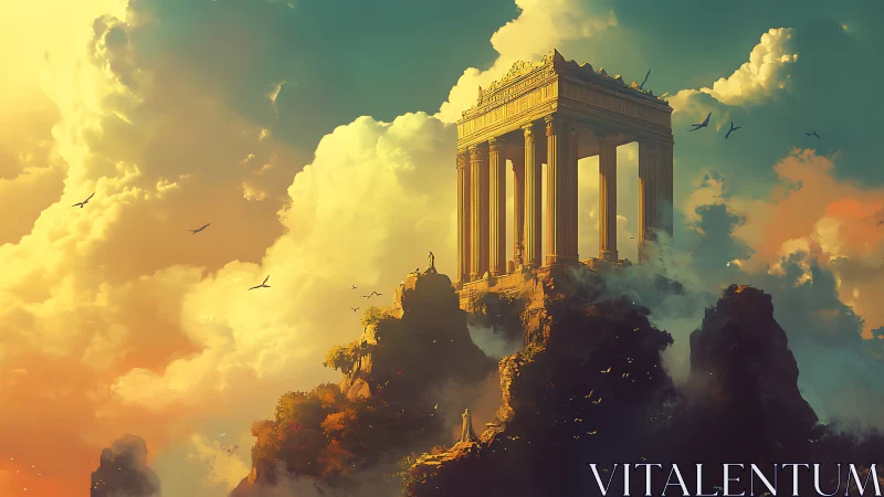 Cloudbound temple crowns a myth-forged mountain at dusk