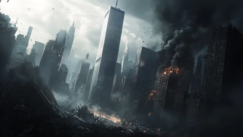 Dystopian skyscraper ruins under smoke-filled storm sky.