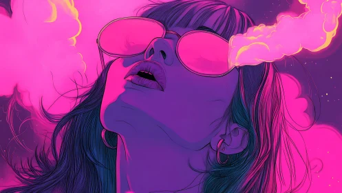 Neon lit woman exhales pink vapor in dreamy close-up.