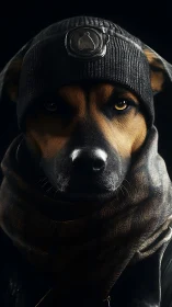 Dog portrait wears beanie and scarf in dramatic low key