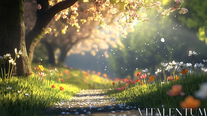 Spring blossom path under glowing forest canopy.