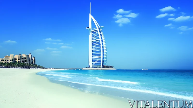 Sail shaped tower on coastal shoreline under clear sky.