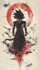 Fierce warrior silhouette rising through red ink storm.