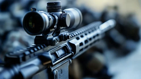 Tactical Rifle Optics System with Mounted Scope and Rail Configuration.