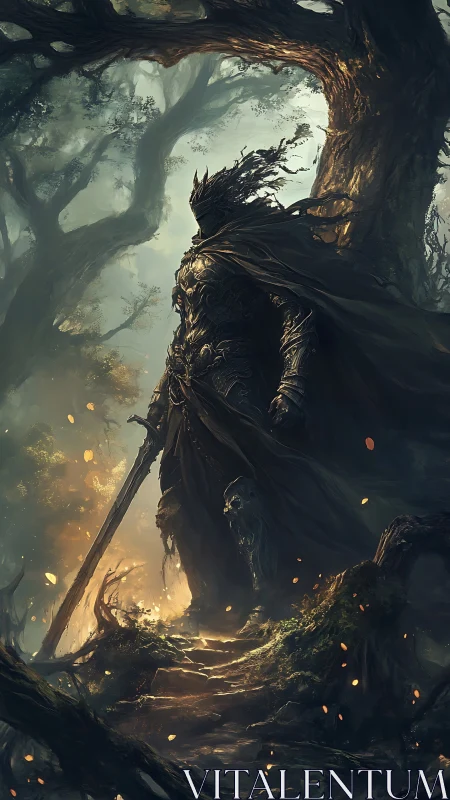 Armored forest sentinel stands watch in enchanted twilight.