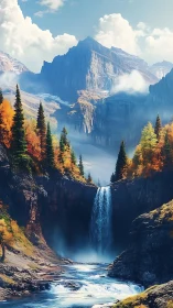 Vertical alpine waterfall amid autumn conifers and glacial peaks