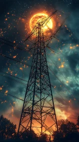 Electric tower silhouettes a blazing cosmic sun at dusk