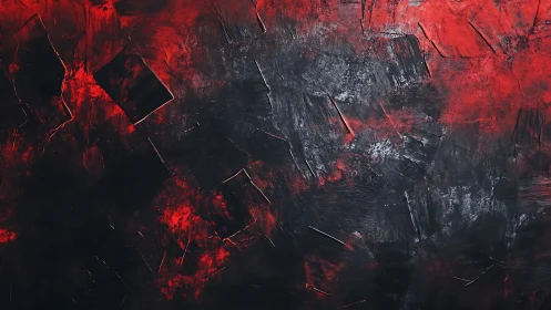 Textured crimson-black abstraction with stratified impasto fields.