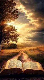 Open illuminated book on rural dirt path at golden sunset