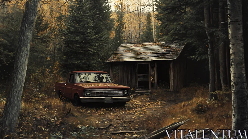 Weathered red truck rests by abandoned forest cabin.