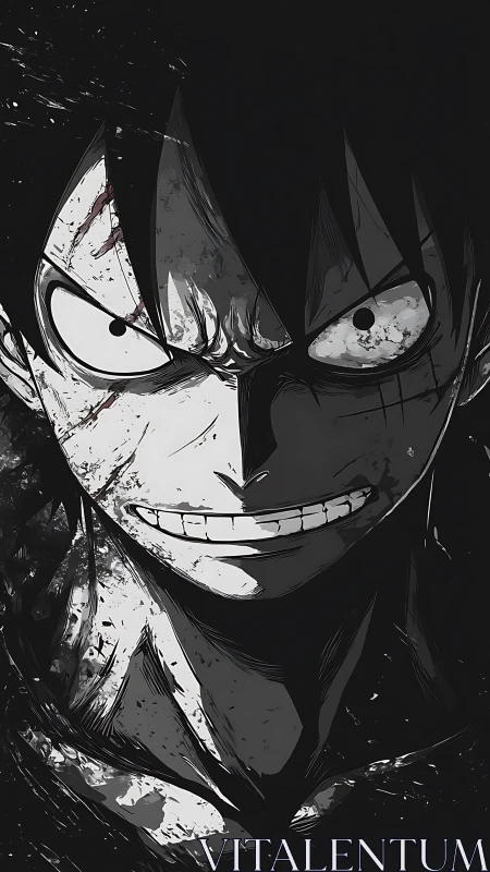 Monochrome manga portrait shows intense, battle worn expression