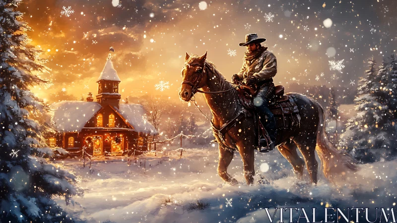 Cowboy on horseback near illuminated cabin in winter snow.