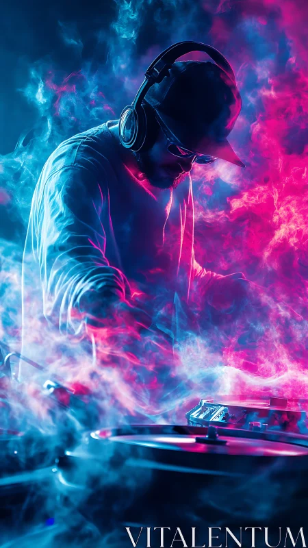 DJ mixes neon vinyl through dense pink and blue smoke