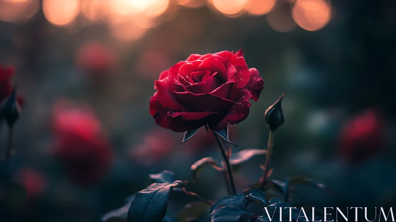 Crimson Rose with Dewdrops, Bokeh Illumination, Nocturnal Garden Setting