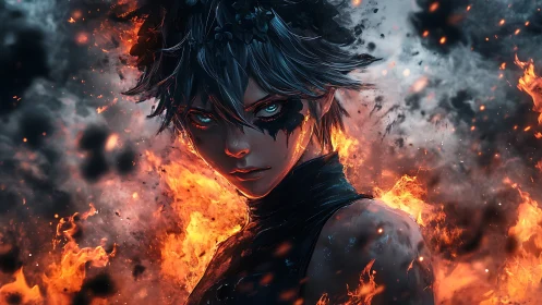 Digital figure stands amid dynamic fire and smoke effects