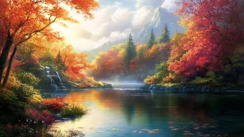 Golden autumn valley with tranquil reflective lake scene.