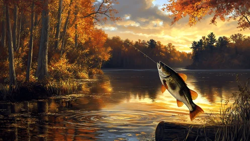 Golden autumn shoreline welcomes a joyful lake fishing moment