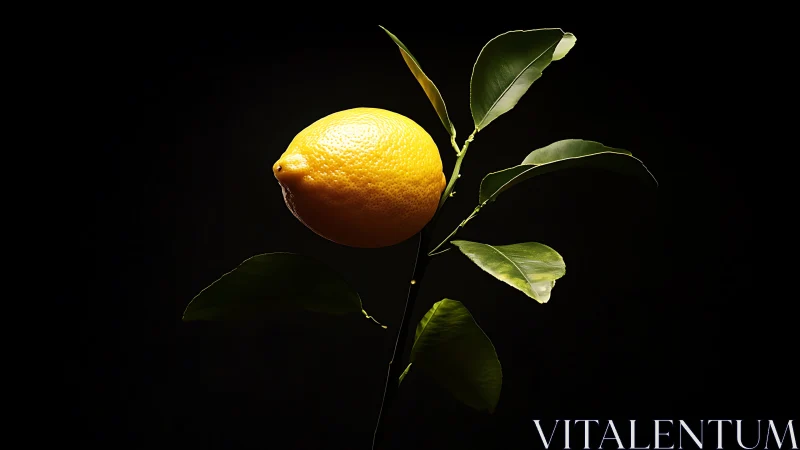 Single lemon on branch with green leaves against black field.
