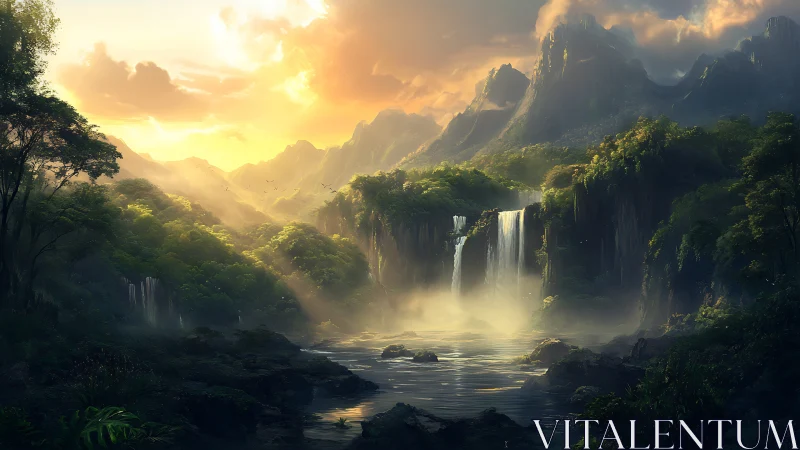 Sunlit emerald waterfalls in a mist-draped hidden valley.