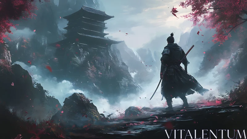 Samurai overlook before misty pagoda, cinematic digital painting.