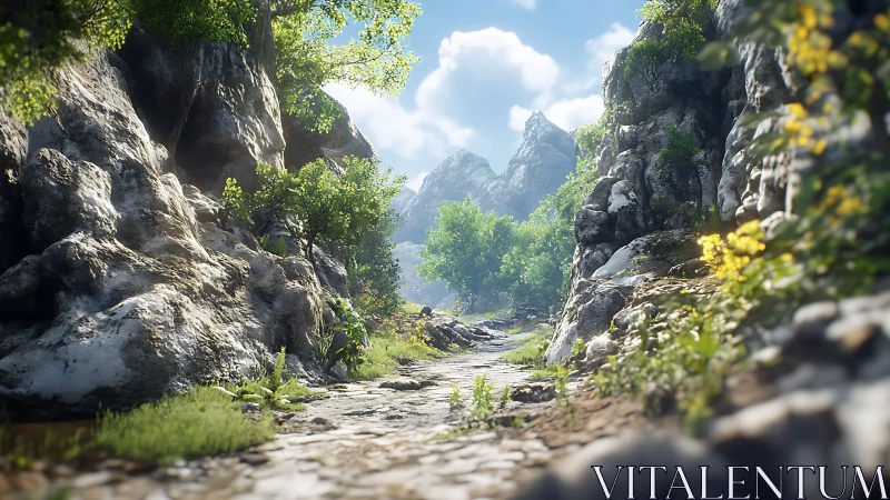 Rocky mountain path winds between cliffs under bright sky