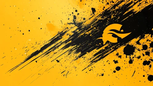 Bold yellow and black abstract splash with stylized hawk logo.