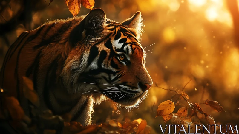 Amber dusk tiger stalking through molten forest light.