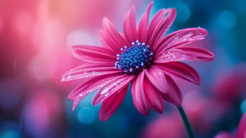 Vibrant Pink Daisy with Dewdrops Against Blurred Blue Background