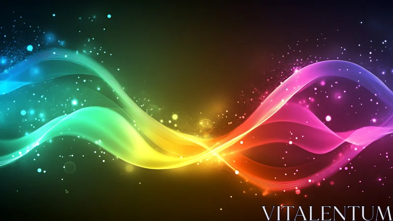 Vibrant neon light waves curve across dark gradient space