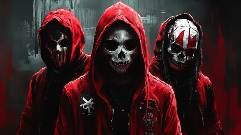 Trio of hooded skeletal mask figures in red urban jackets.