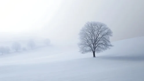 Lone frost crowned tree adrift in a hush white kingdom.