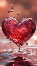 Water droplet forming heart shape over rippled surface.