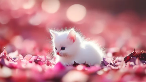 White Kitten Among Pink Rose Petals in Soft Focus.