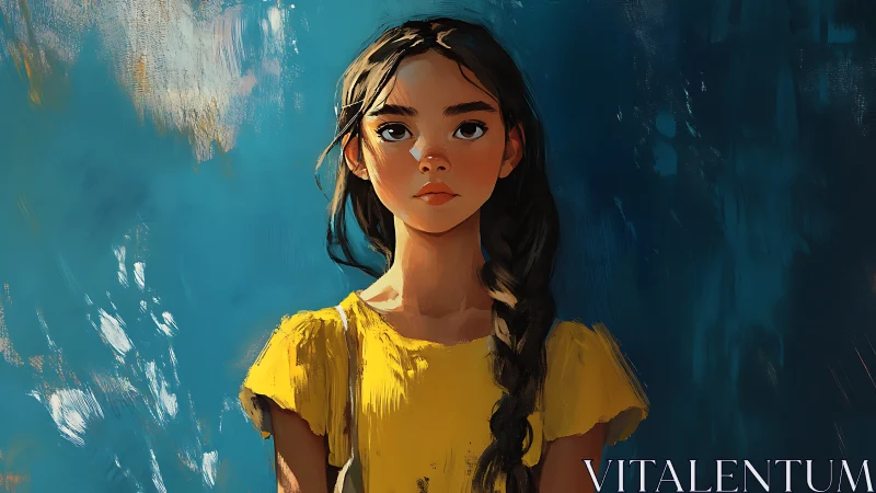 Girl with long braid in yellow dress against blue backdrop.