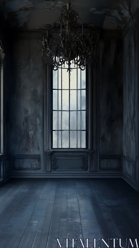 Dusty chandelier broods above a moonlit, forgotten parlor.