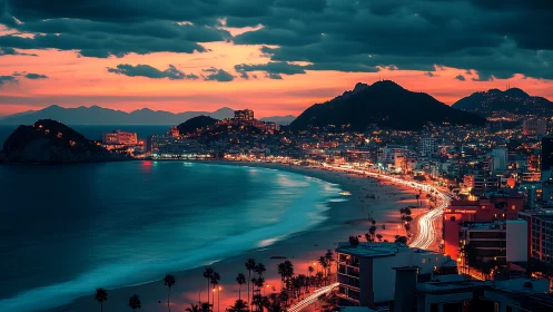 Sunset city shoreline glows gently beside calm ocean waves