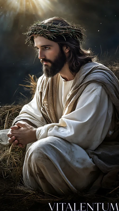 Serene robed figure prays in straw under a soft divine light