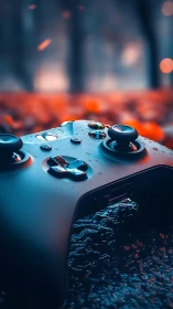Gaming controller closeup with water droplets and blurred forest backdrop