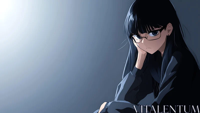 Brooding girl in glasses guards her silence in cool dusk light.