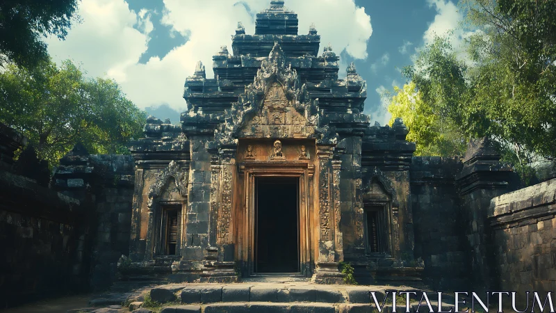 Ancient stone temple gateway basks in warm afternoon light.