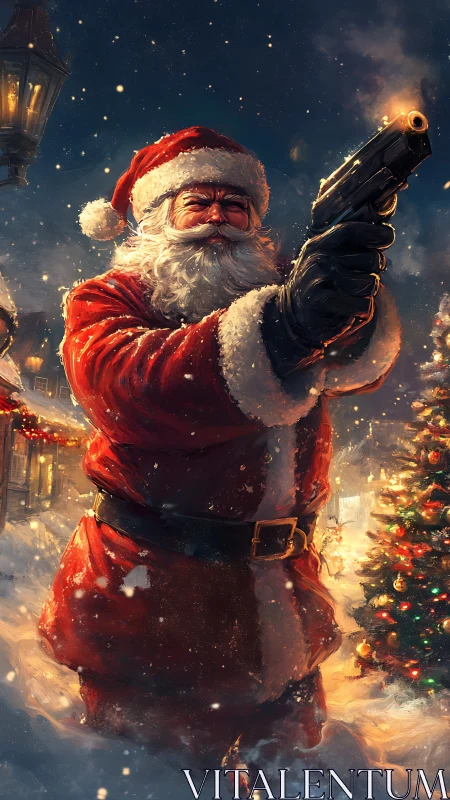 Armed Santa in cinematic snowstorm with blazing handgun.