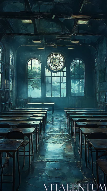 Abandoned classroom under looming clock in blue haze.