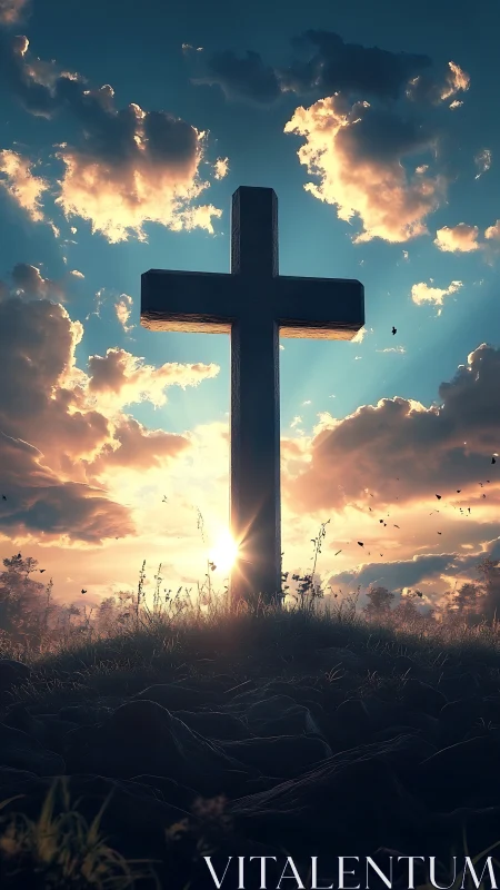 Stone cross stands on grassy hill against backlit sunset sky