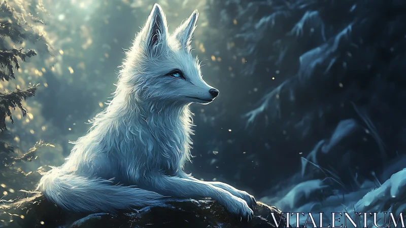 Gentle white fox resting in a softly glowing winter forest.