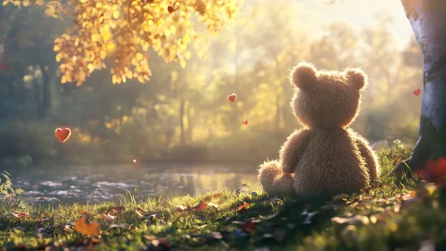 Teddy bear watches golden autumn sunrise beside calm pond