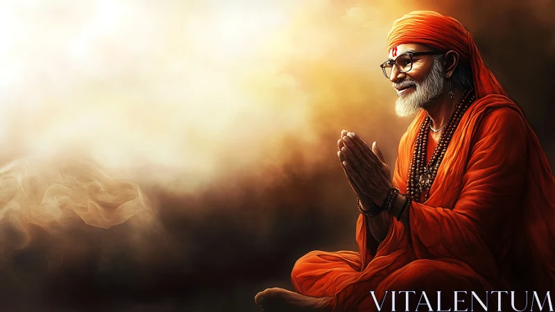 Warm side-lit guru in orange robes rendered with soft volumetric glow