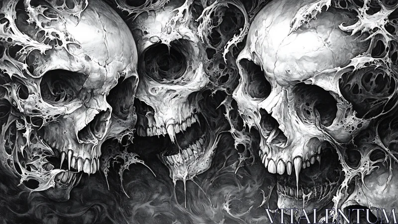 Macabre skeletal triptych with eroded bone filigree forms.