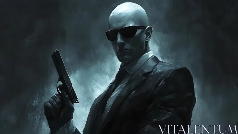 Bald figure in suit holds handgun against dark textured backdrop